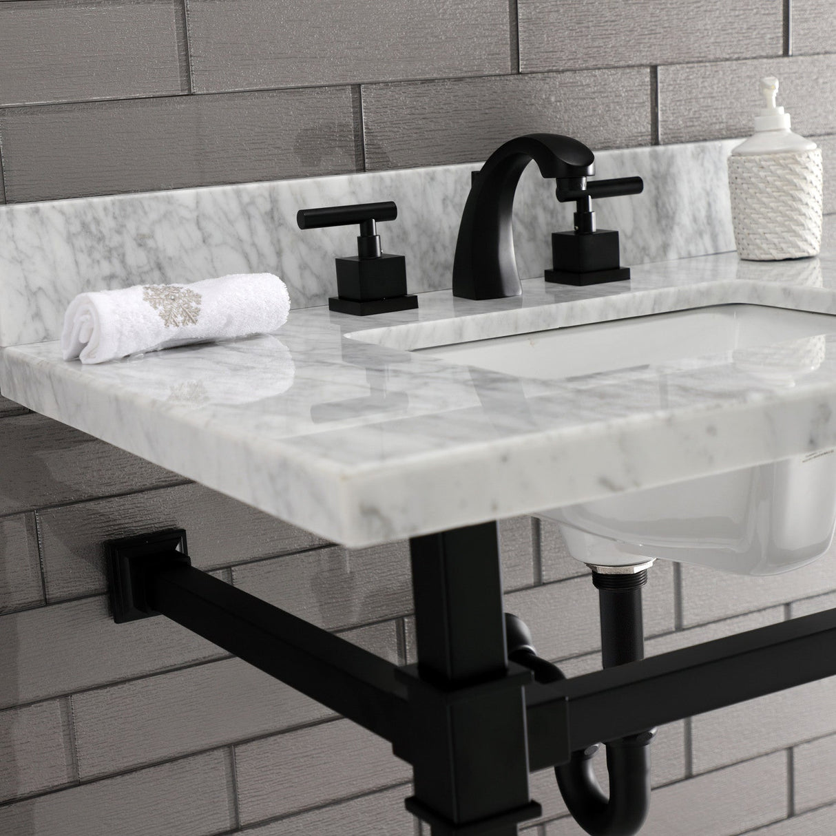 Fauceture KVPB30MSQ0 30-Inch Carrara Marble Console Sink, Marble White/Matte Black