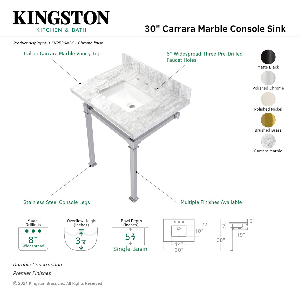 Fauceture KVPB30MSQ6 30-Inch Carrara Marble Console Sink, Marble White/Polished Nickel