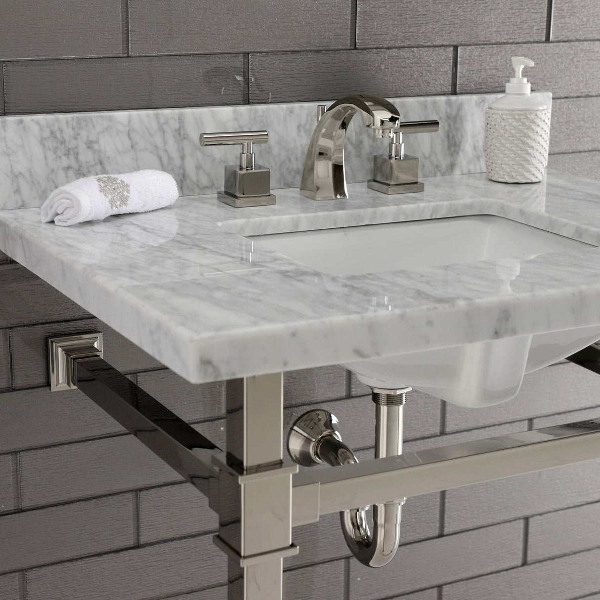 Fauceture KVPB30MSQ6 30-Inch Carrara Marble Console Sink, Marble White/Polished Nickel