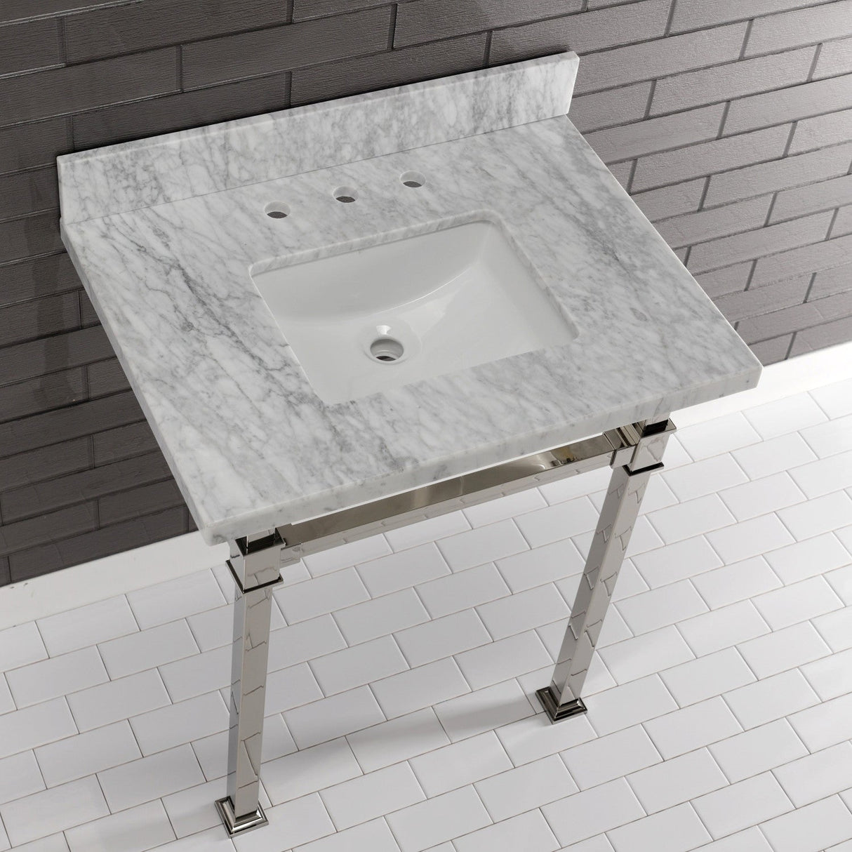 Fauceture KVPB30MSQ6 30-Inch Carrara Marble Console Sink, Marble White/Polished Nickel