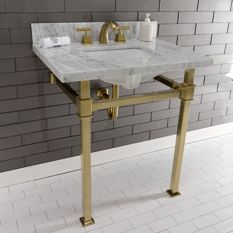 Fauceture KVPB30MSQ7 30-Inch Carrara Marble Console Sink, Marble White/Brushed Brass