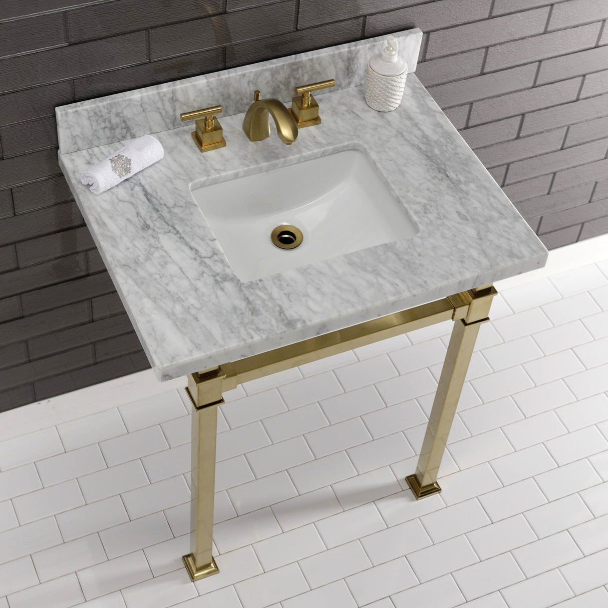 Fauceture KVPB30MSQ7 30-Inch Carrara Marble Console Sink, Marble White/Brushed Brass