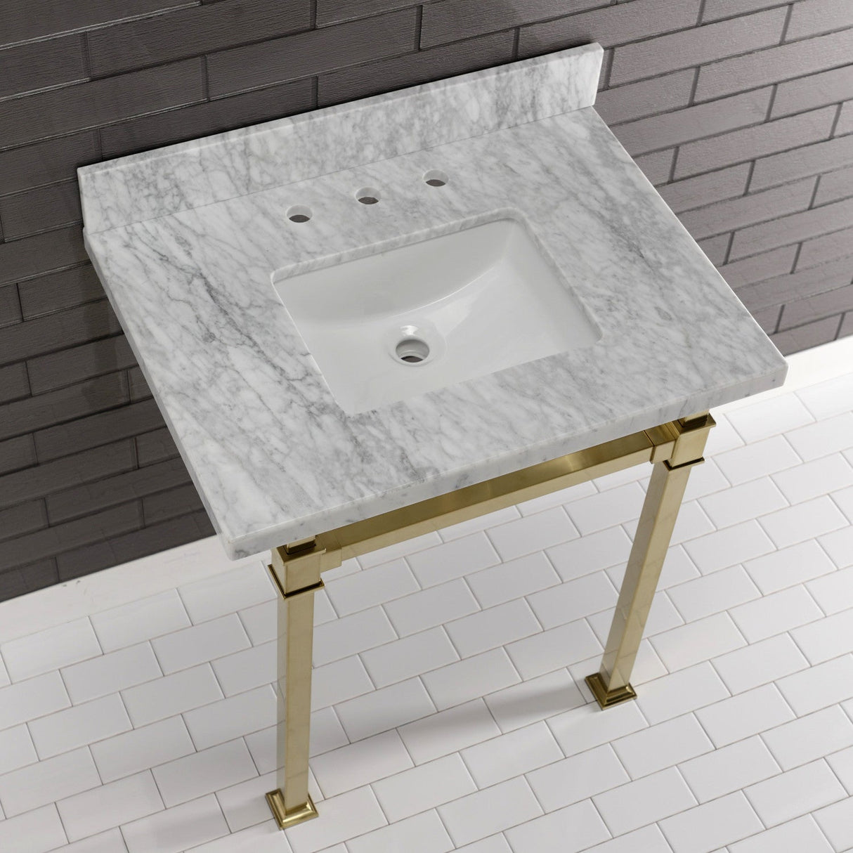 Fauceture KVPB30MSQ7 30-Inch Carrara Marble Console Sink, Marble White/Brushed Brass