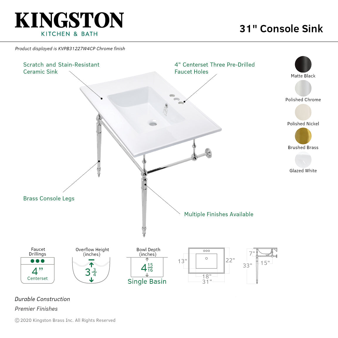 Edwardian KVPB31227W4BB Console Sink, White/Brushed Brass