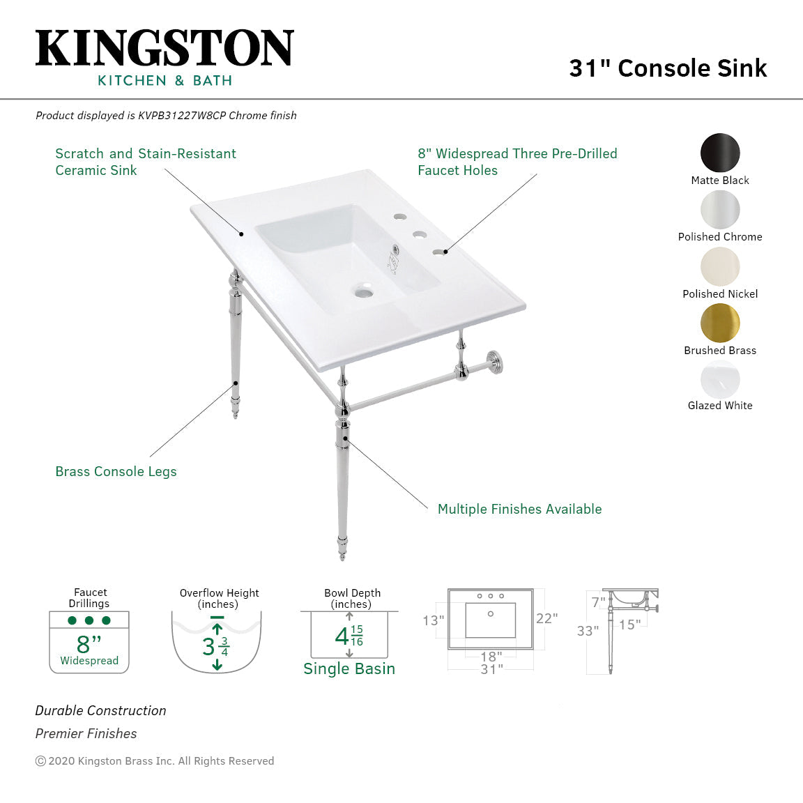 Edwardian KVPB31227W8BB Console Sink, White/Brushed Brass