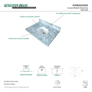Templeton KVPB3622M38 Marble Vanity Sink Top, Carrara Marble