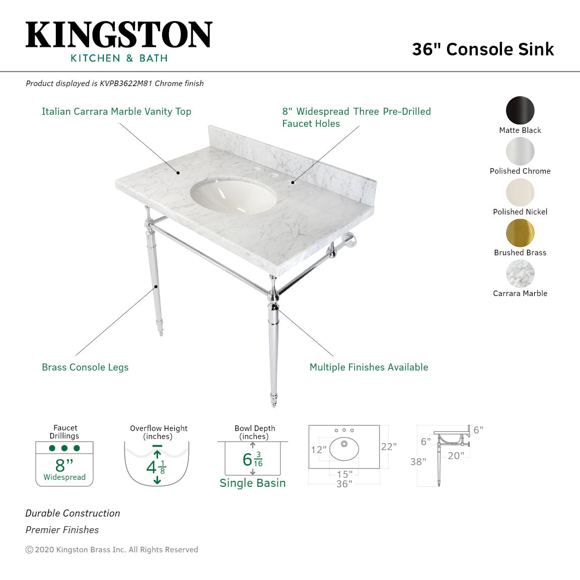 Edwardian KVPB3622M80 Console Sink, Marble White/Matte Black