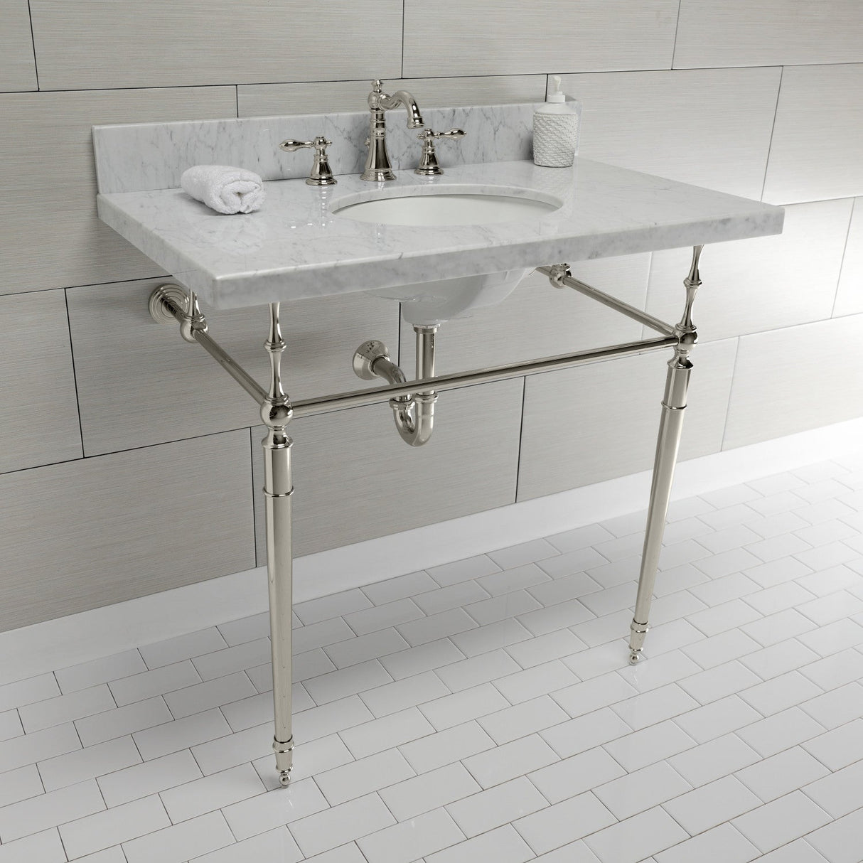 Edwardian KVPB3622M86 Console Sink, Marble White/Polished Nickel