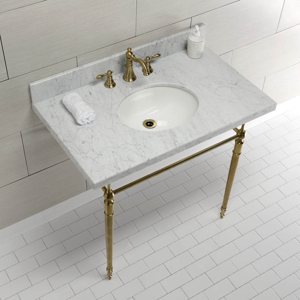 Edwardian KVPB3622M87 Console Sink, Marble White/Brushed Brass