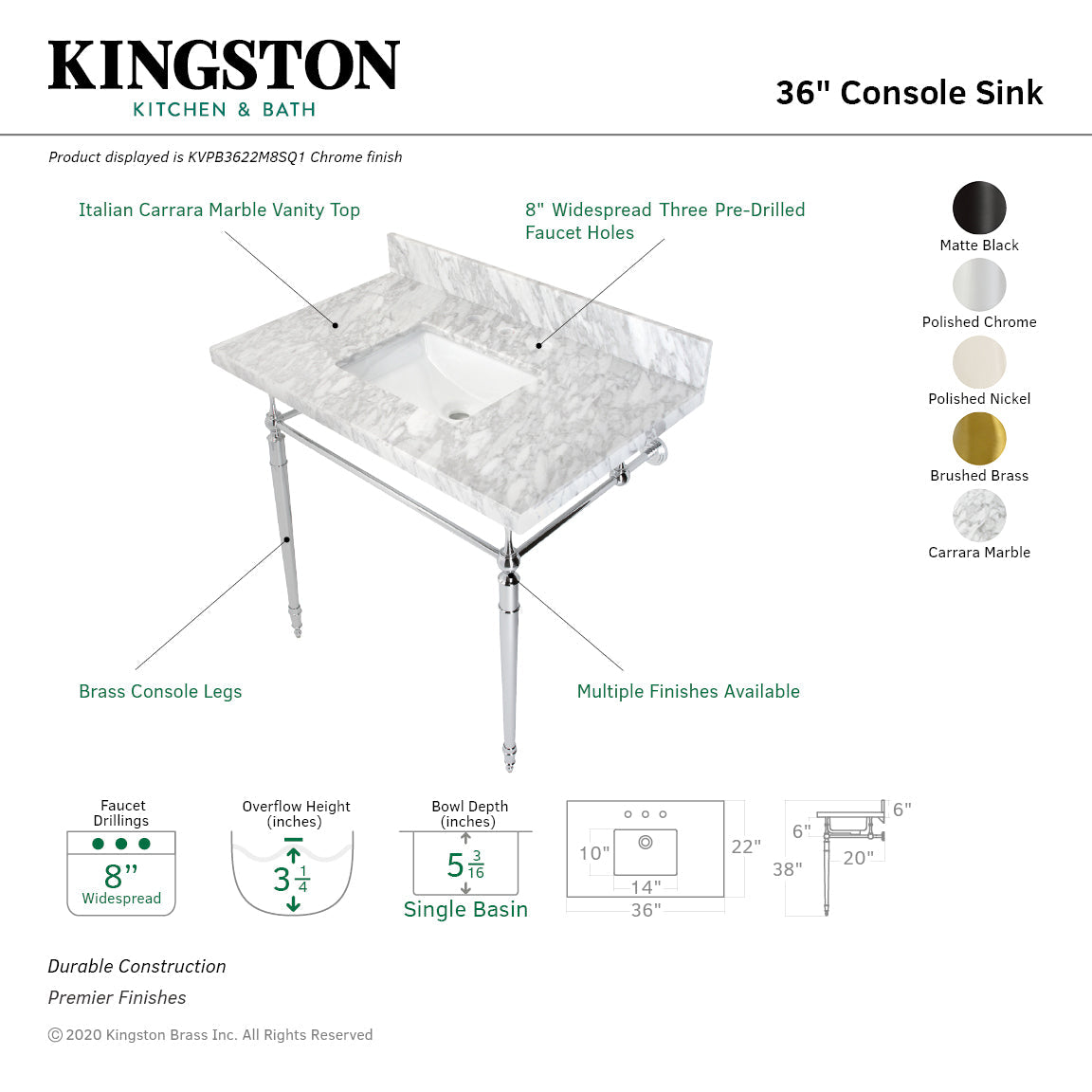 Edwardian KVPB3622M8SQ1 Console Sink, Marble White/Polished Chrome