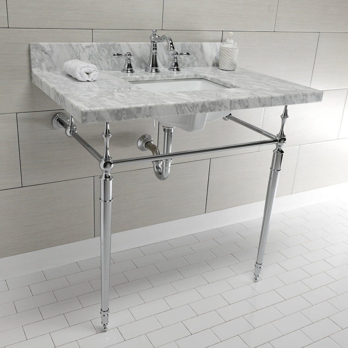 Edwardian KVPB3622M8SQ1 Console Sink, Marble White/Polished Chrome