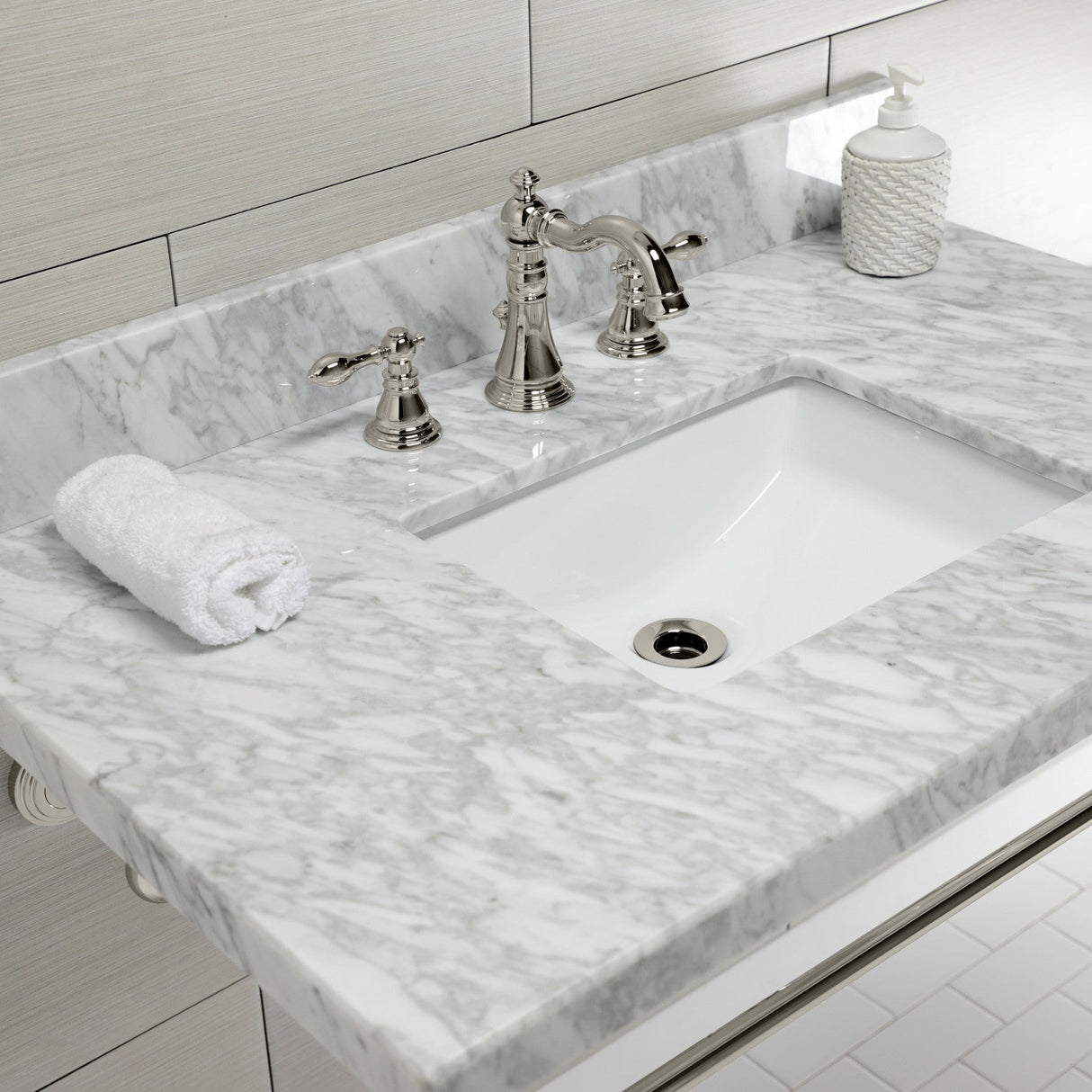 Edwardian KVPB3622M8SQ6 Console Sink, Marble White/Polished Nickel