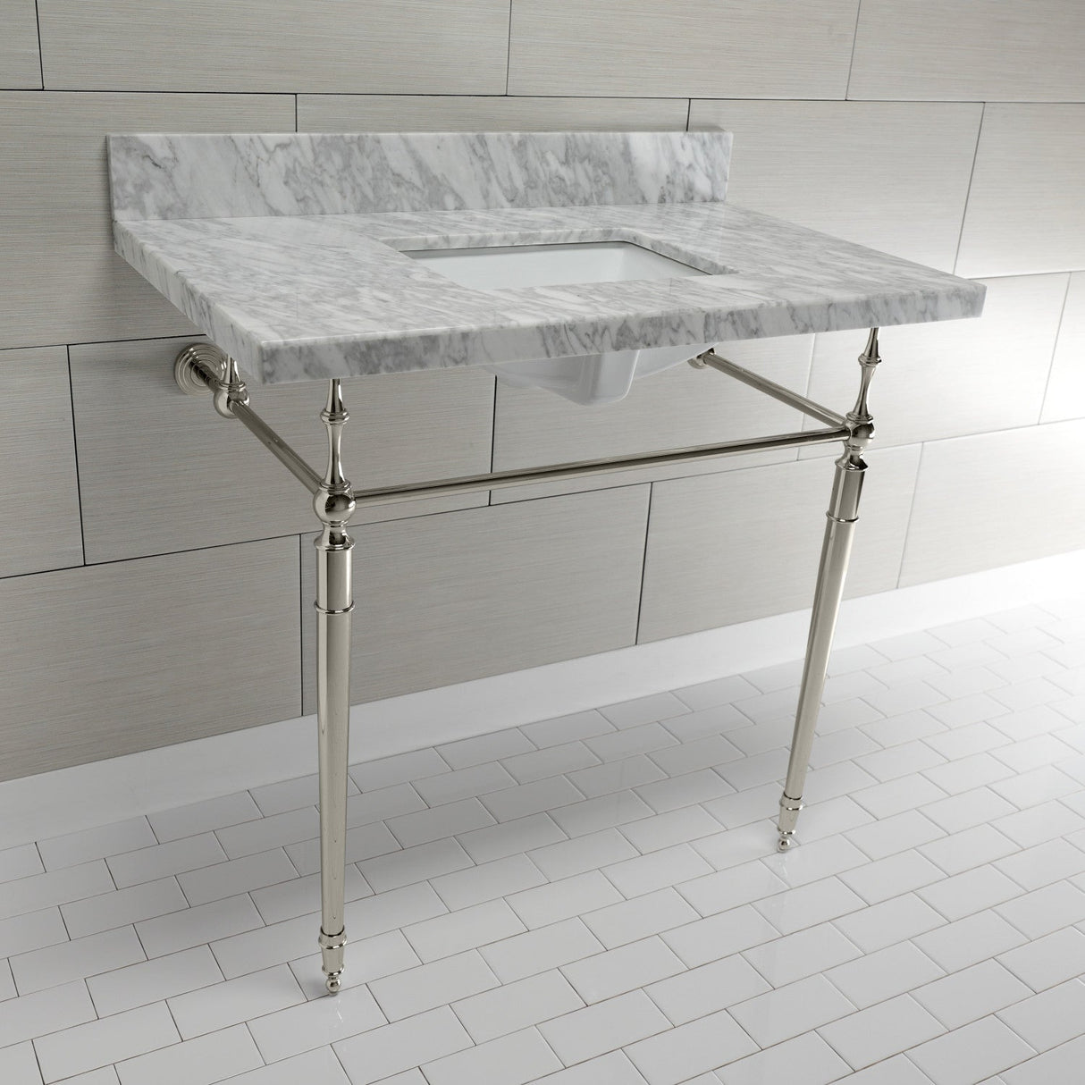 Edwardian KVPB3622M8SQ6 Console Sink, Marble White/Polished Nickel