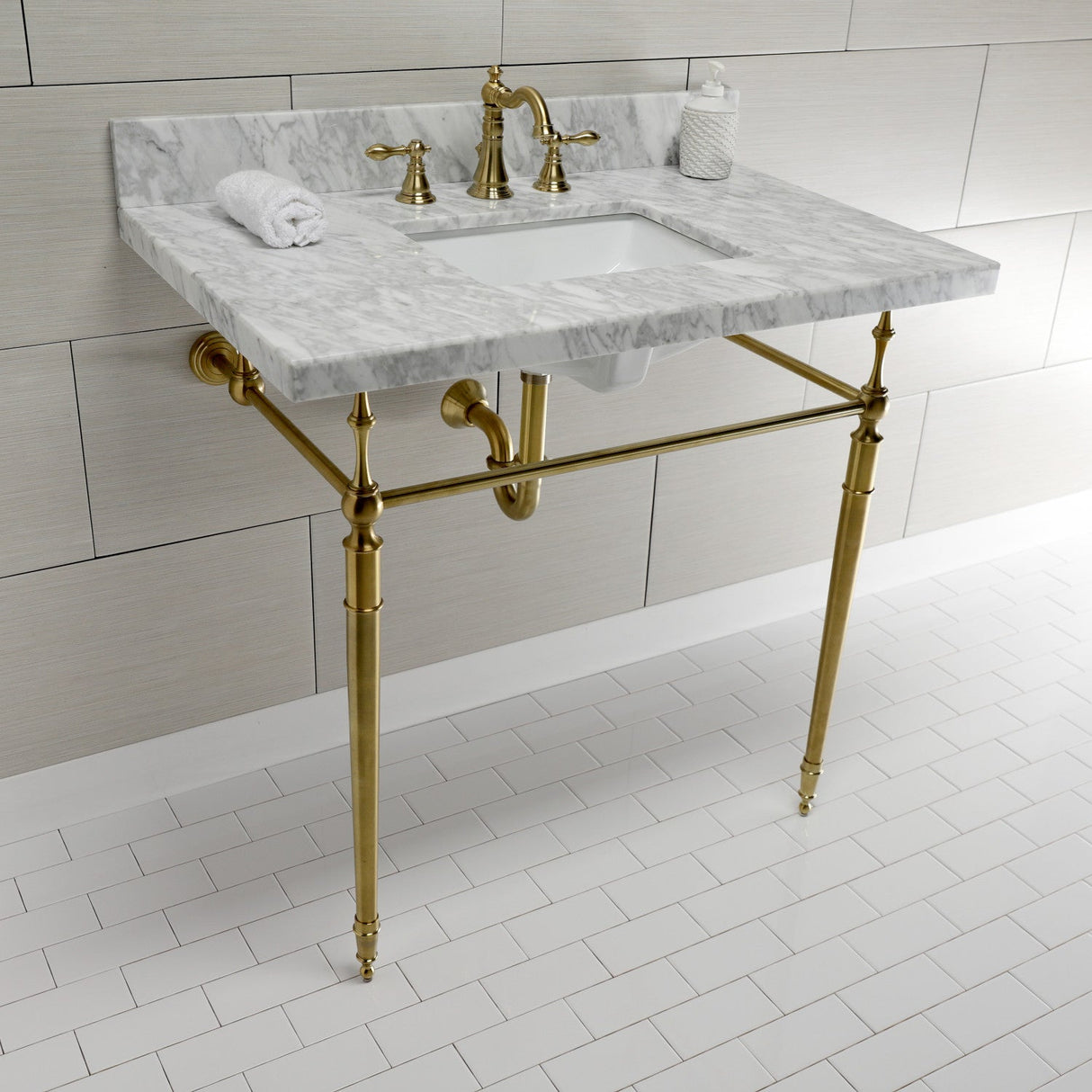 Edwardian KVPB3622M8SQ7 Console Sink, Marble White/Brushed Brass