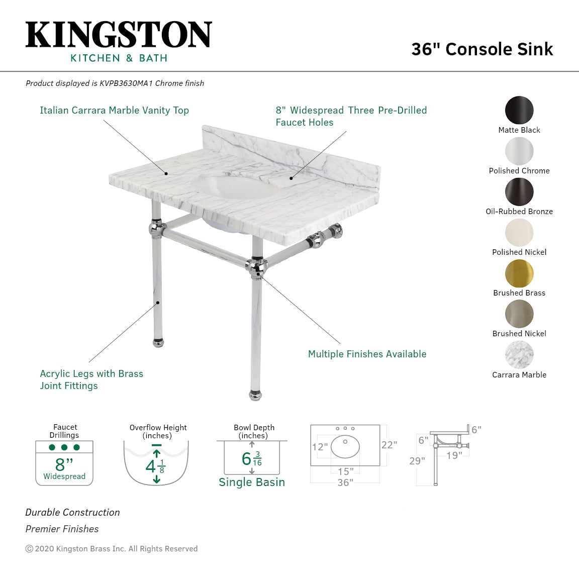 Fauceture KVPB3630MA5 36-Inch Marble Console Sink with Acrylic Feet, Carrara Marble/Oil Rubbed Bronze