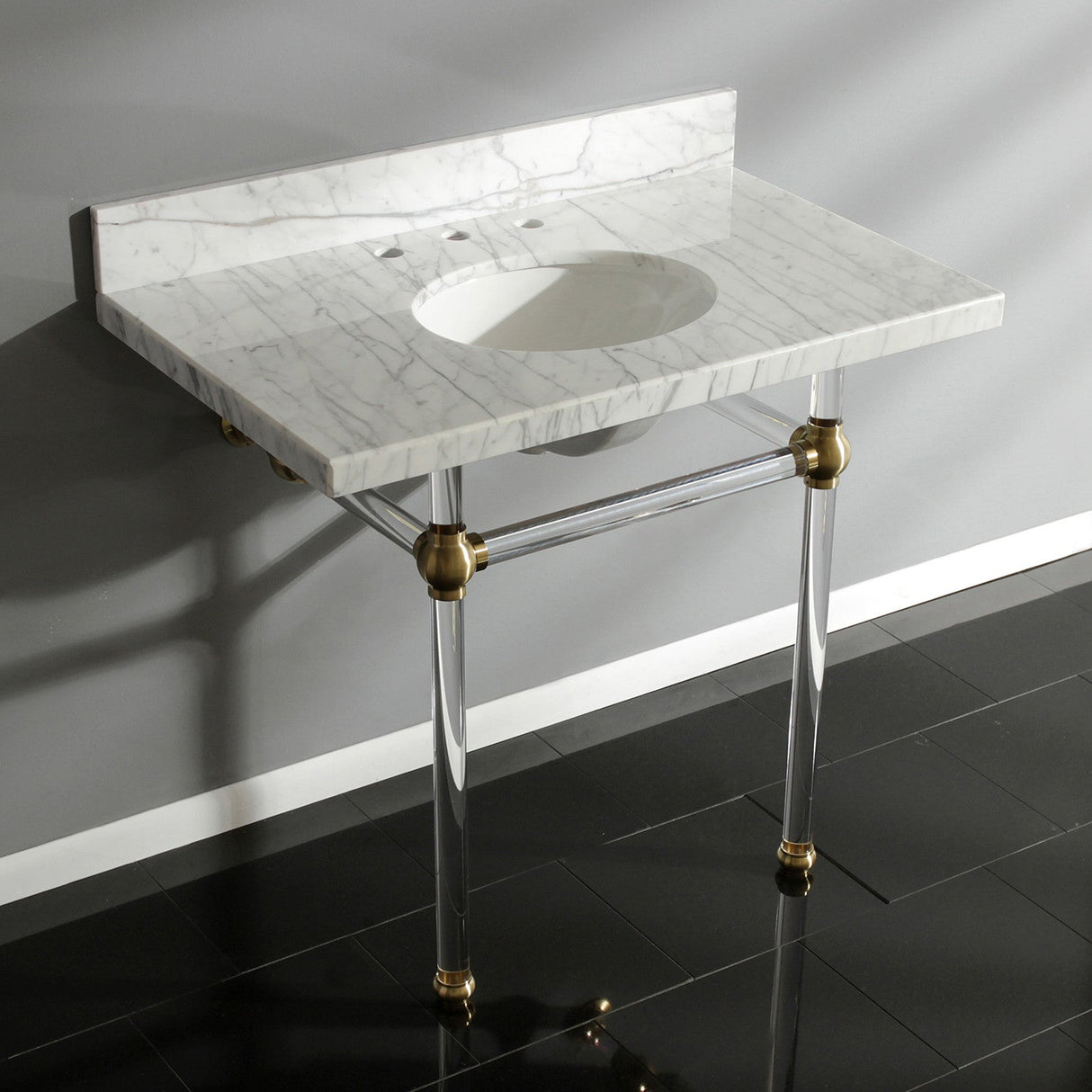 Fauceture KVPB3630MA7 36-Inch Marble Console Sink with Acrylic Feet, Carrara Marble/Brushed Brass