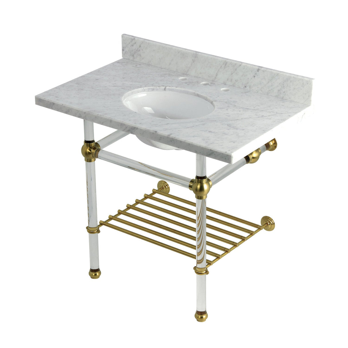 Templeton KVPB3630MAB7 36-Inch Console Sink with Acrylic Legs (8-Inch, 3 Hole), Carrara Marble/Brushed Brass