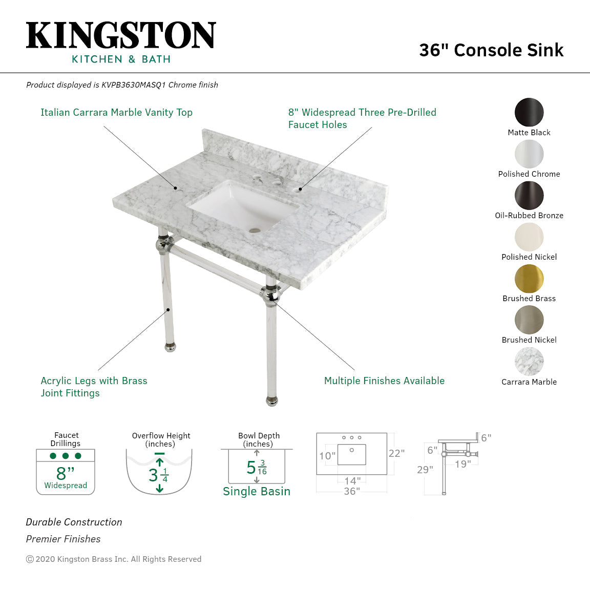 Fauceture KVPB3630MASQ6 36-Inch Marble Console Sink with Acrylic Feet, Carrara Marble/Polished Nickel