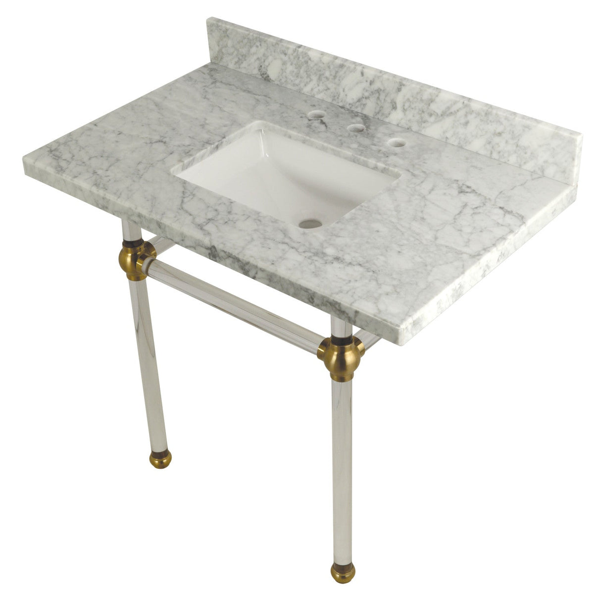 Fauceture KVPB3630MASQ7 36-Inch Marble Console Sink with Acrylic Feet, Carrara Marble/Brushed Brass