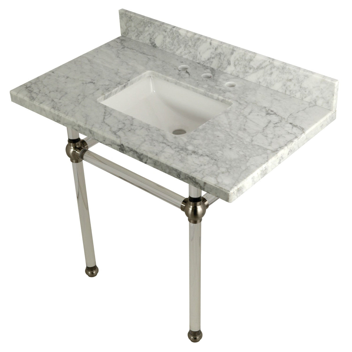 Fauceture KVPB3630MASQ8 36-Inch Marble Console Sink with Acrylic Feet, Carrara Marble/Brushed Nickel