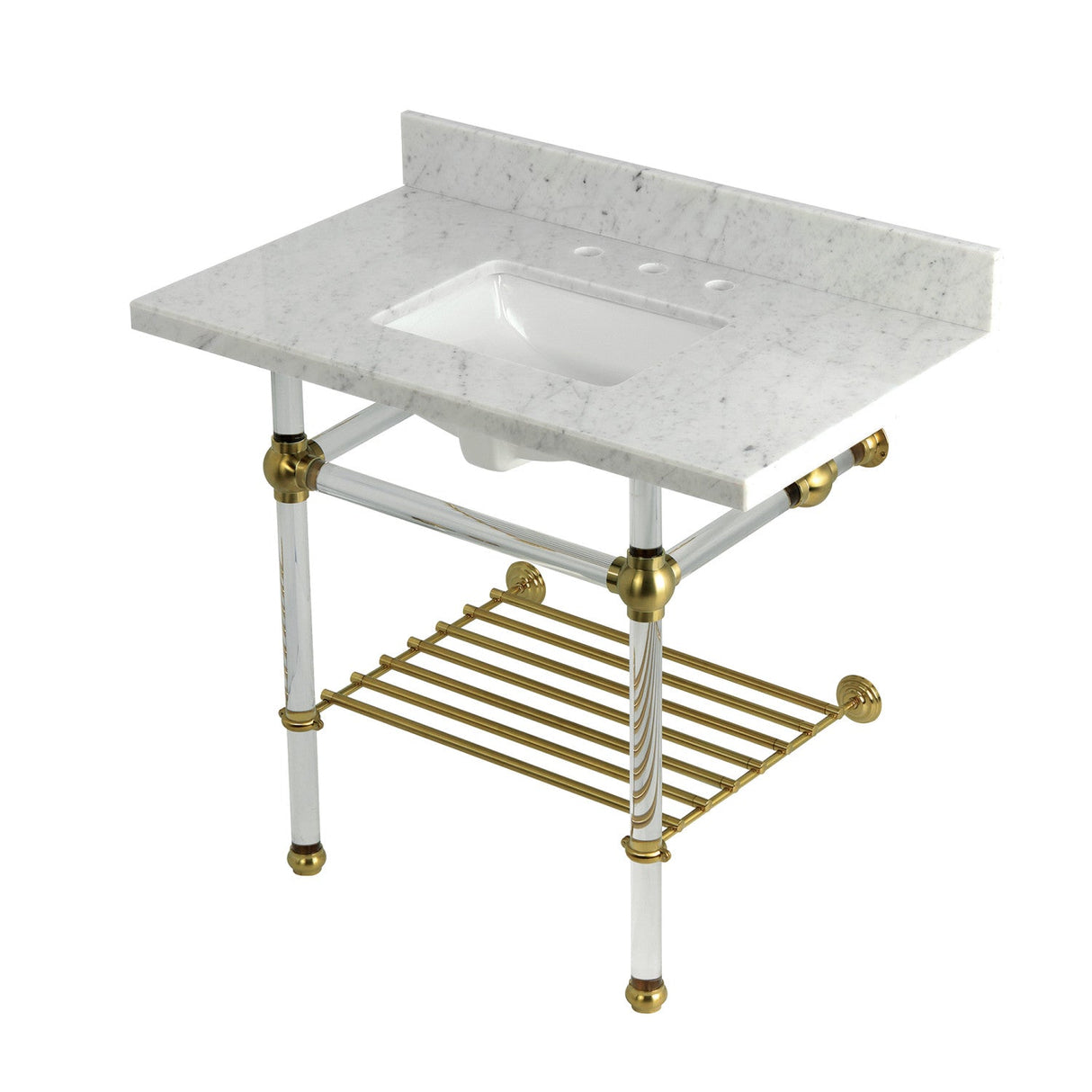 Templeton KVPB3630MASQB7 36-Inch Console Sink with Acrylic Legs (8-Inch, 3 Hole), Carrara Marble/Brushed Brass