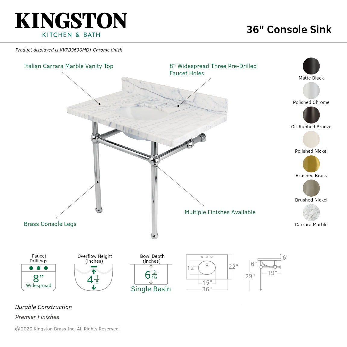 Fauceture KVPB3630MB0 36-Inch Marble Console Sink with Brass Feet, Carrara Marble/Matte Black