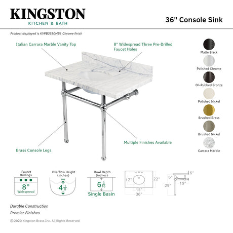 Fauceture KVPB3630MB1 36-Inch Marble Console Sink with Brass Feet, Carrara Marble/Polished Chrome