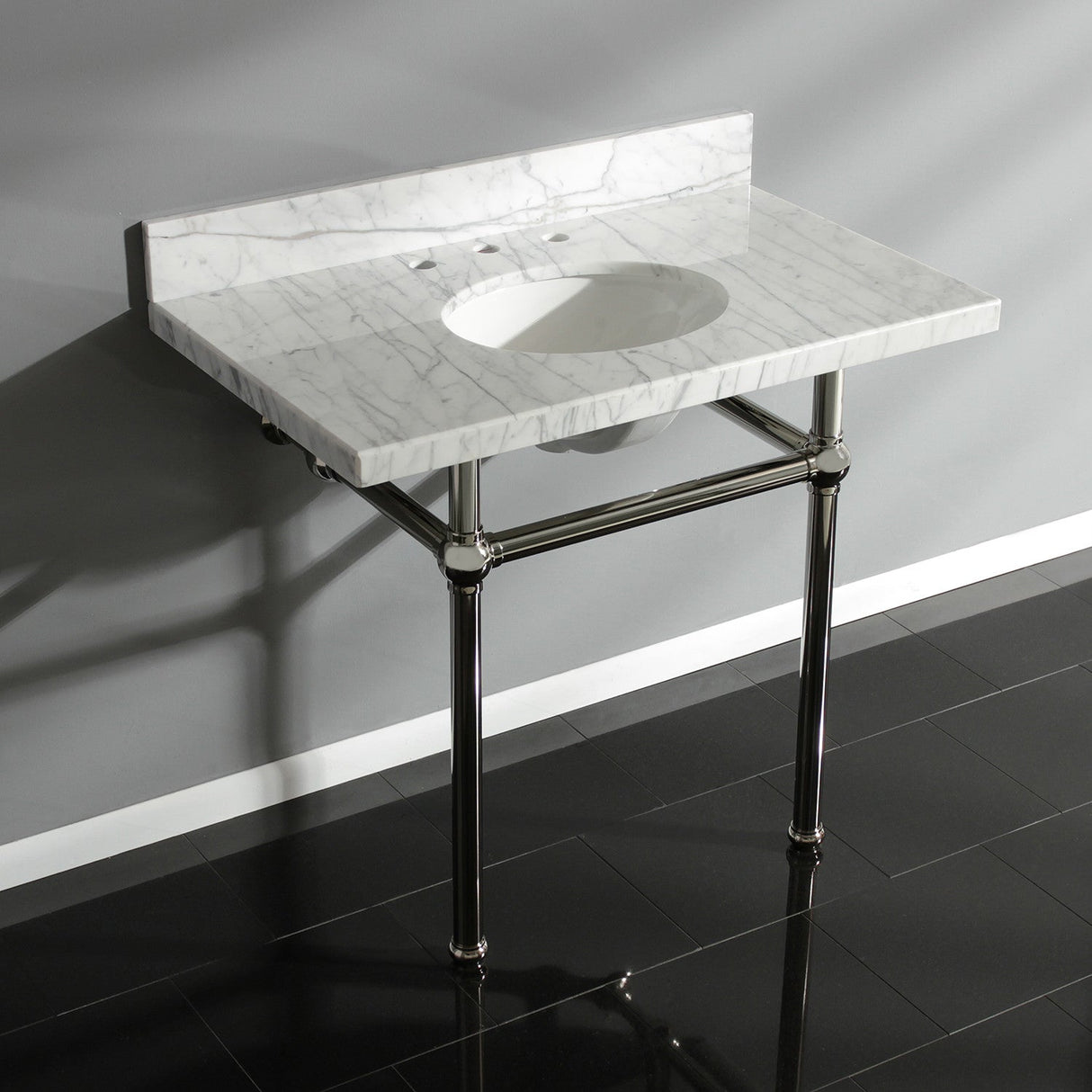 Fauceture KVPB3630MB6 36-Inch Marble Console Sink with Brass Feet, Carrara Marble/Polished Nickel