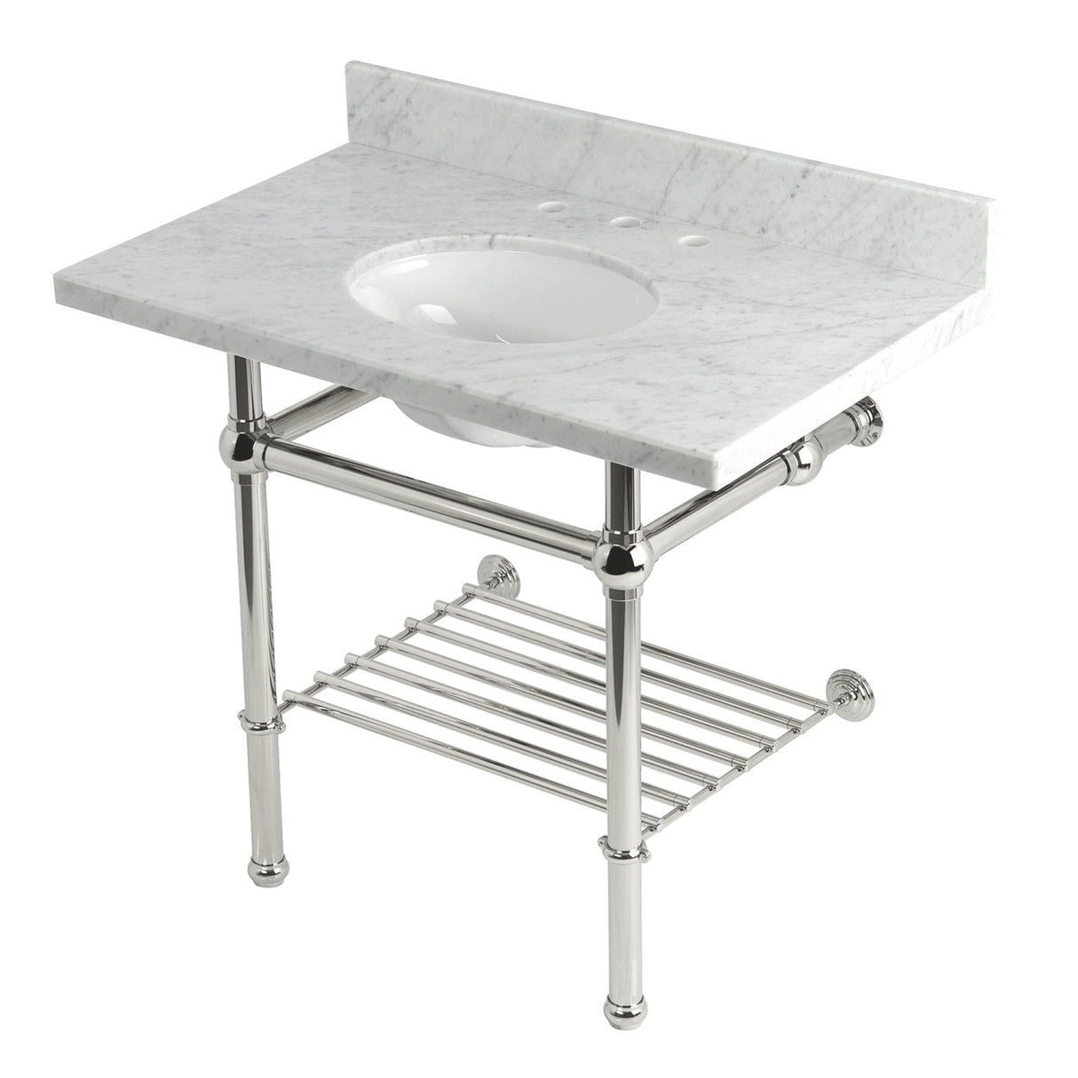 Templeton KVPB3630MBB6 36-Inch Console Sink with Brass Legs (8-Inch, 3 Hole), Carrara Marble/Polished Nickel