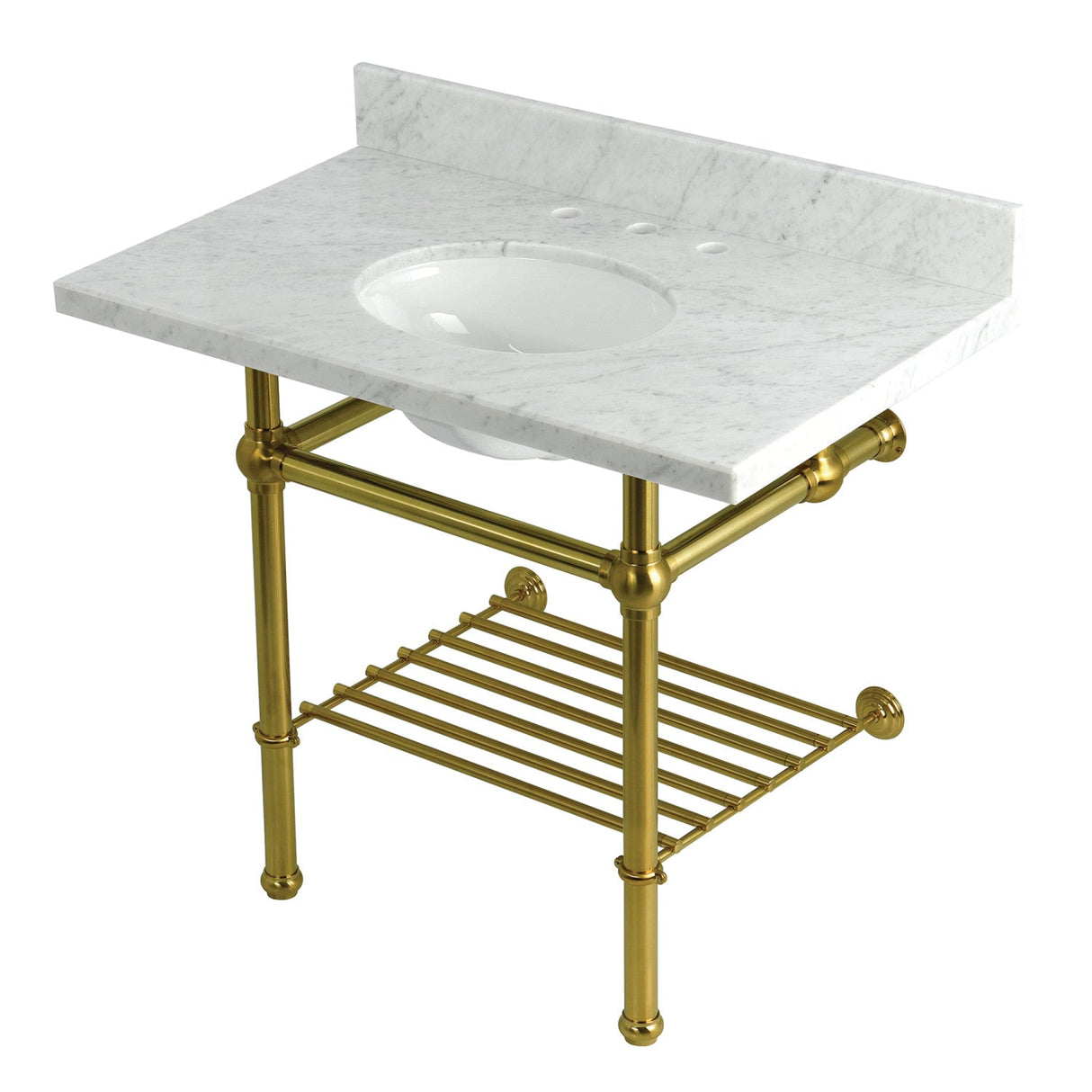 Templeton KVPB3630MBB7 36-Inch Console Sink with Brass Legs (8-Inch, 3 Hole), Carrara Marble/Brushed Brass