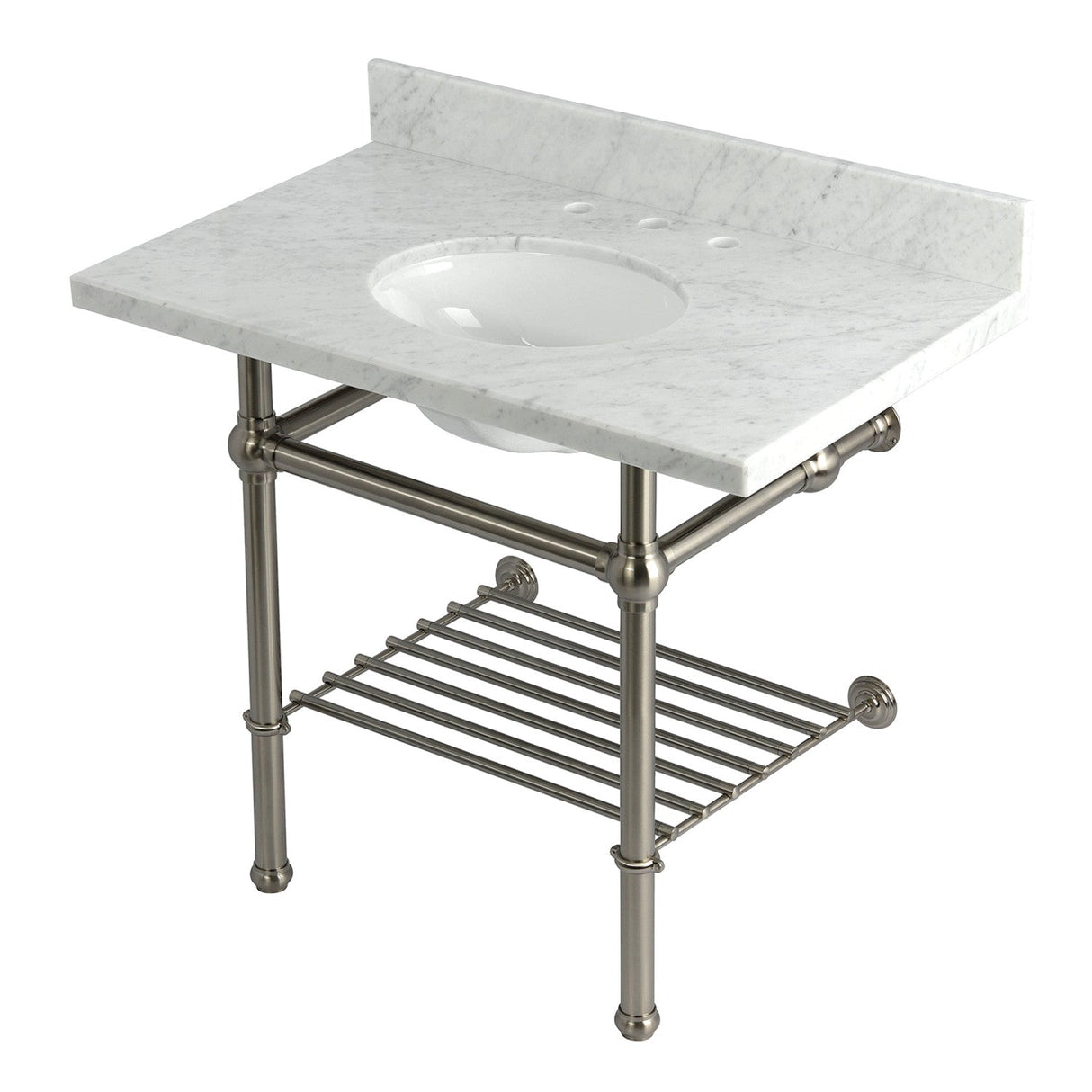 Templeton KVPB3630MBB8 36-Inch Console Sink with Brass Legs (8-Inch, 3 Hole), Carrara Marble/Brushed Nickel