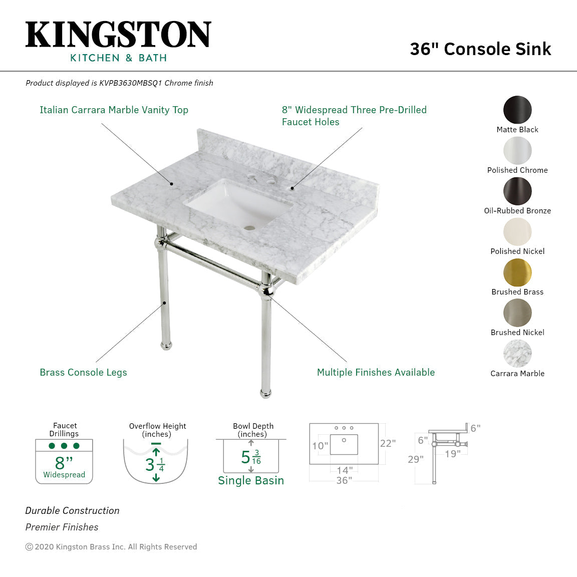 Fauceture KVPB3630MBSQ6 36-Inch Marble Console Sink with Brass Feet, Carrara Marble/Polished Nickel