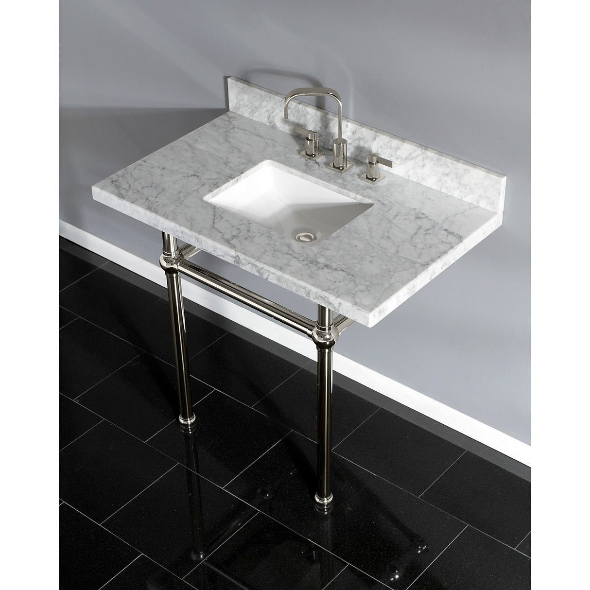 Fauceture KVPB3630MBSQ6 36-Inch Marble Console Sink with Brass Feet, Carrara Marble/Polished Nickel