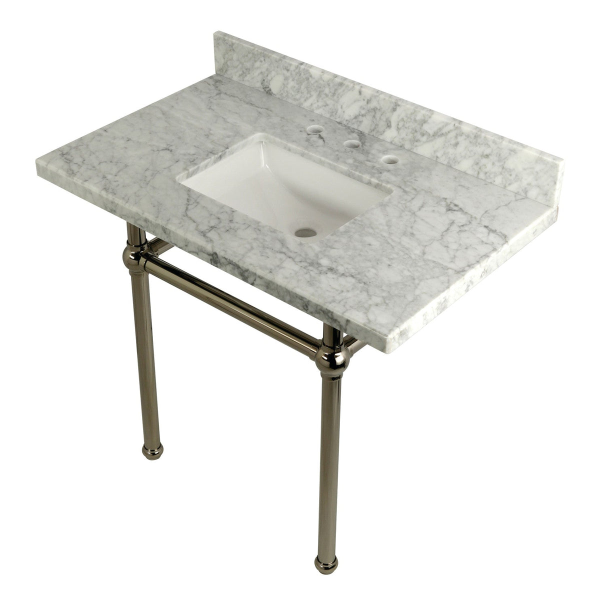 Fauceture KVPB3630MBSQ6 36-Inch Marble Console Sink with Brass Feet, Carrara Marble/Polished Nickel