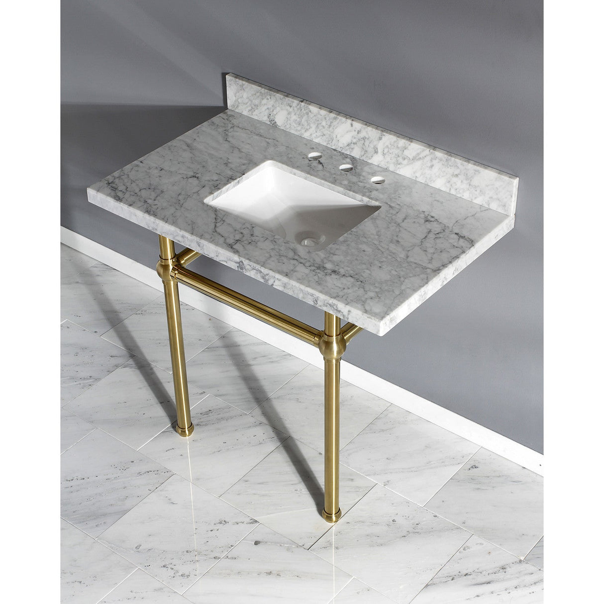 Fauceture KVPB3630MBSQ7 36-Inch Marble Console Sink with Brass Feet, Carrara Marble/Brushed Brass