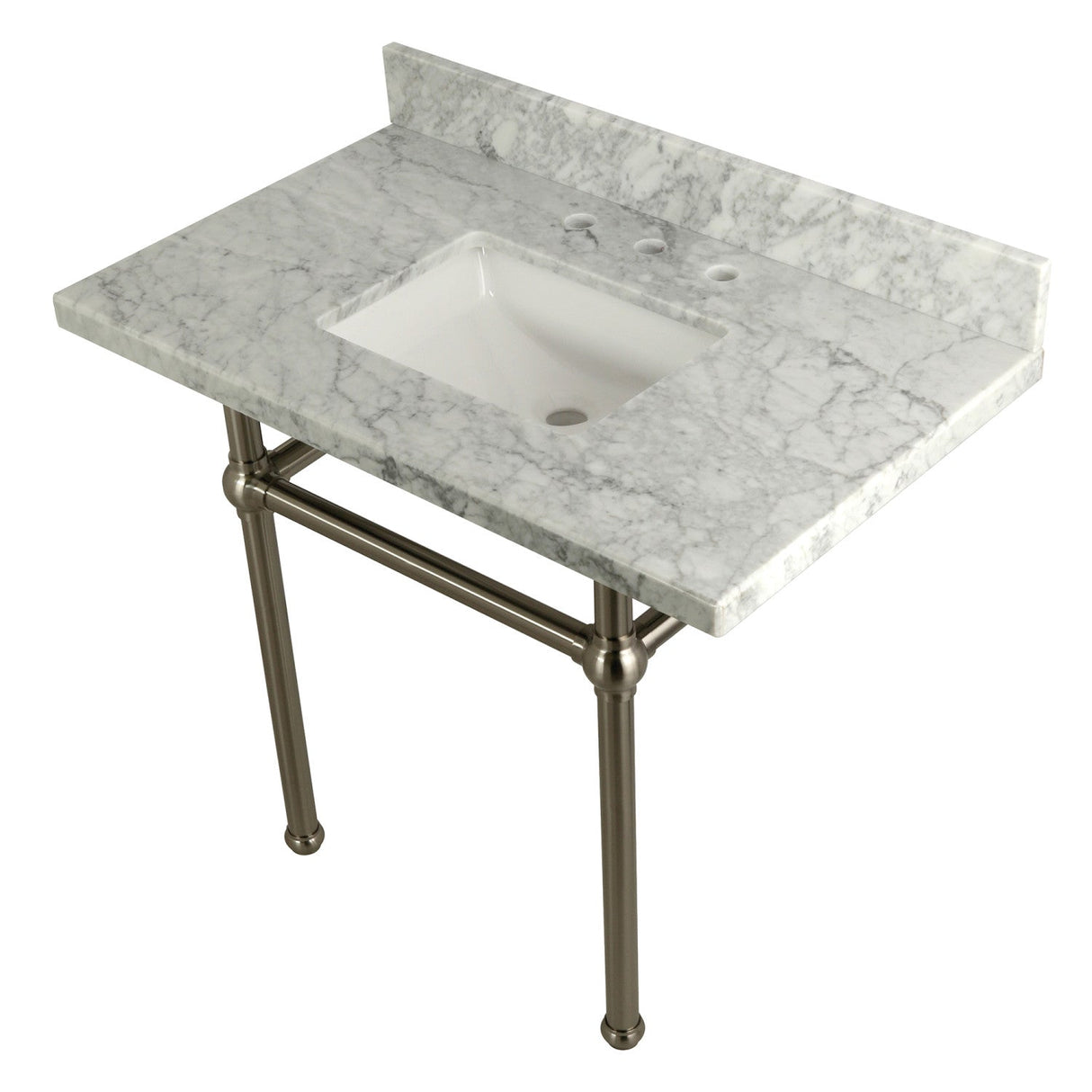 Fauceture KVPB3630MBSQ8 36-Inch Marble Console Sink with Brass Feet, Carrara Marble/Brushed Nickel