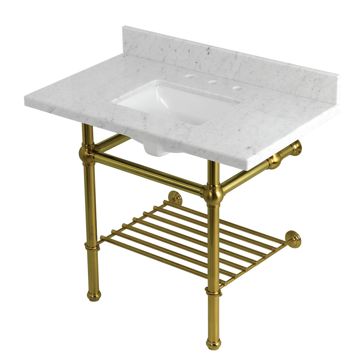 Templeton KVPB3630MBSQB7 36-Inch Console Sink with Brass Legs (8-Inch, 3 Hole), Carrara Marble/Brushed Brass