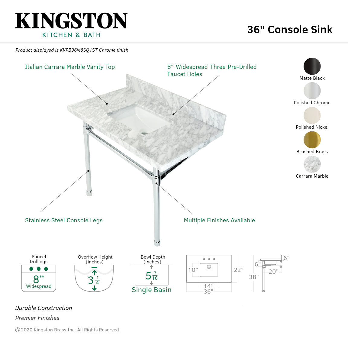 Dreyfuss KVPB36M8SQ1ST Console Sink, Marble White/Polished Chrome