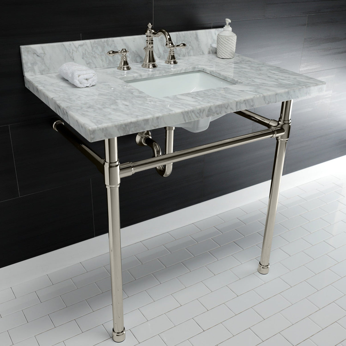 Dreyfuss KVPB36M8SQ6ST Console Sink, Marble White/Polished Nickel