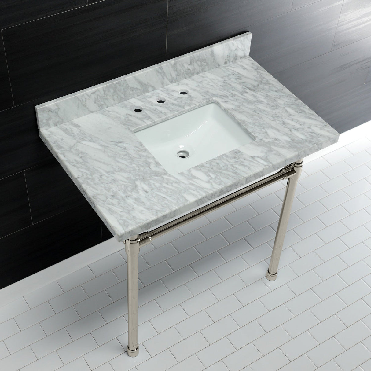 Dreyfuss KVPB36M8SQ6ST Console Sink, Marble White/Polished Nickel