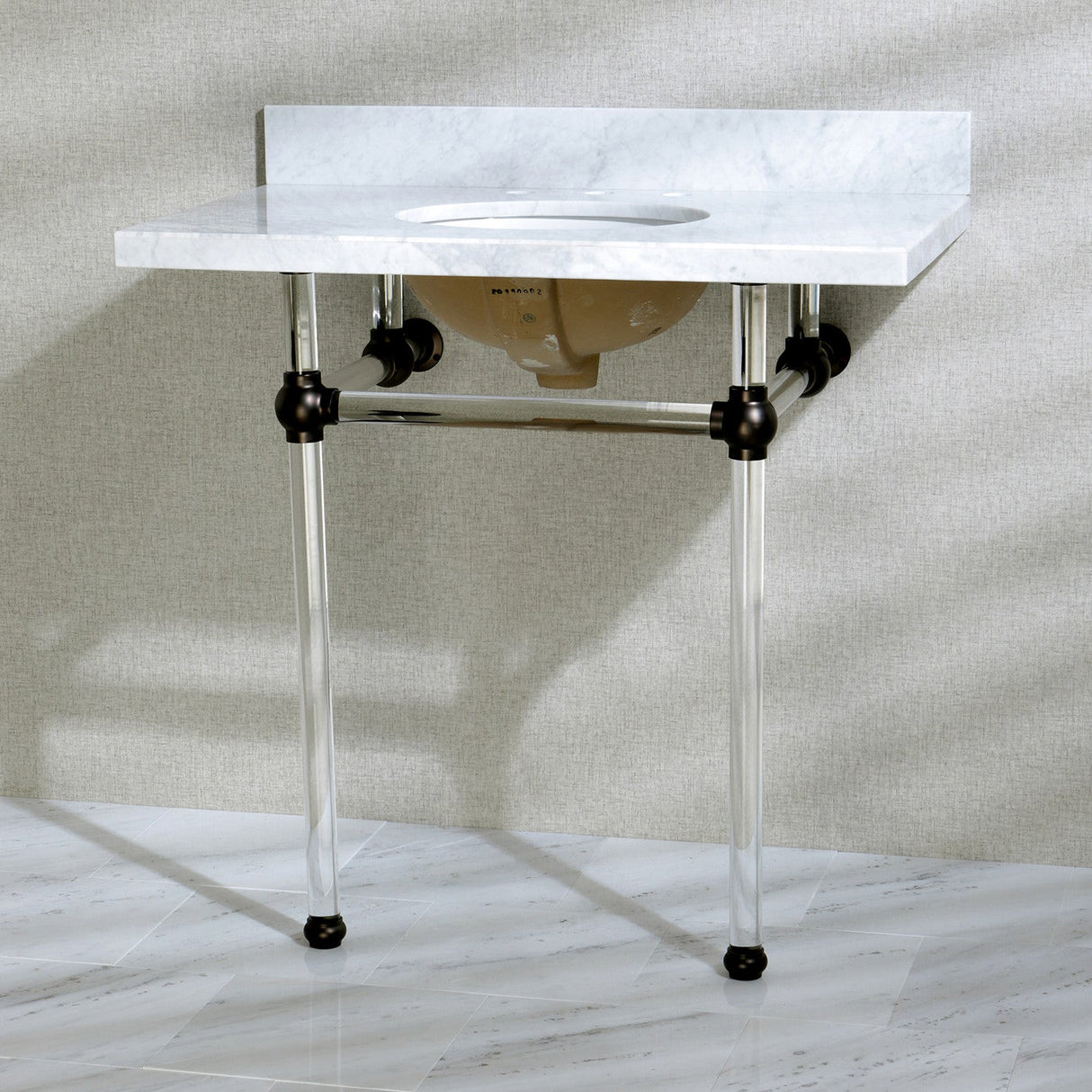 Fauceture KVPB36MA5 36-Inch Marble Console Sink with Acrylic Feet, Carrara Marble/Oil Rubbed Bronze