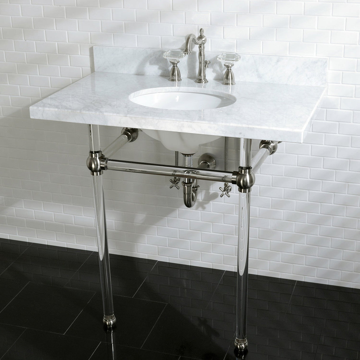 Fauceture KVPB36MA8 36-Inch Marble Console Sink with Acrylic Feet, Carrara Marble/Brushed Nickel