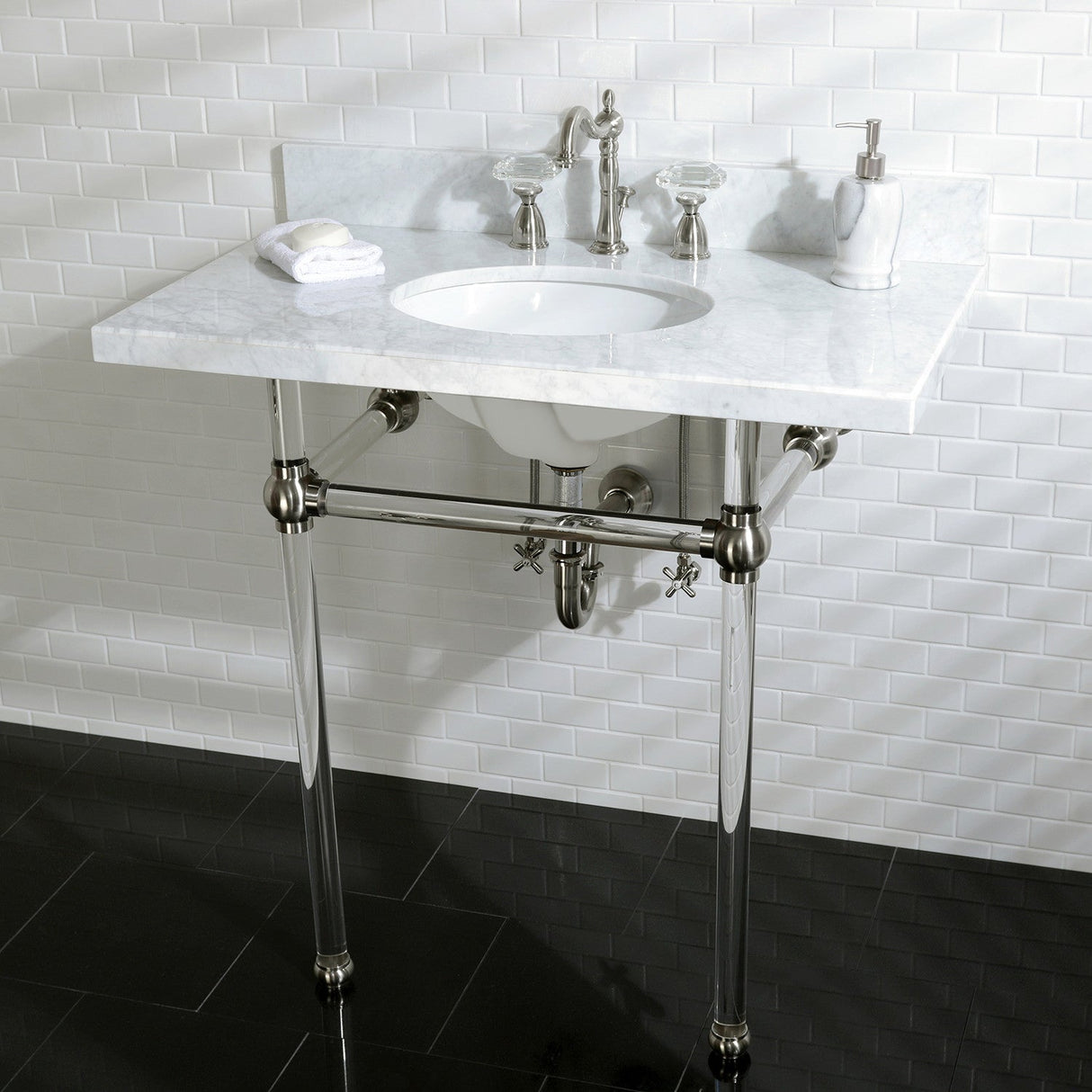 Fauceture KVPB36MA8 36-Inch Marble Console Sink with Acrylic Feet, Carrara Marble/Brushed Nickel