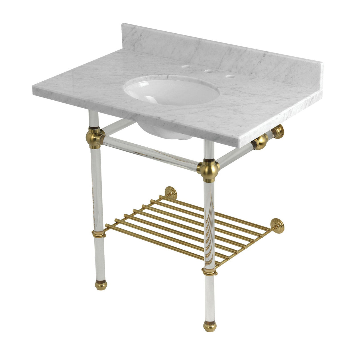 Templeton KVPB36MAB7 36-Inch Console Sink with Acrylic Legs (8-Inch, 3 Hole), Carrara Marble/Brushed Brass