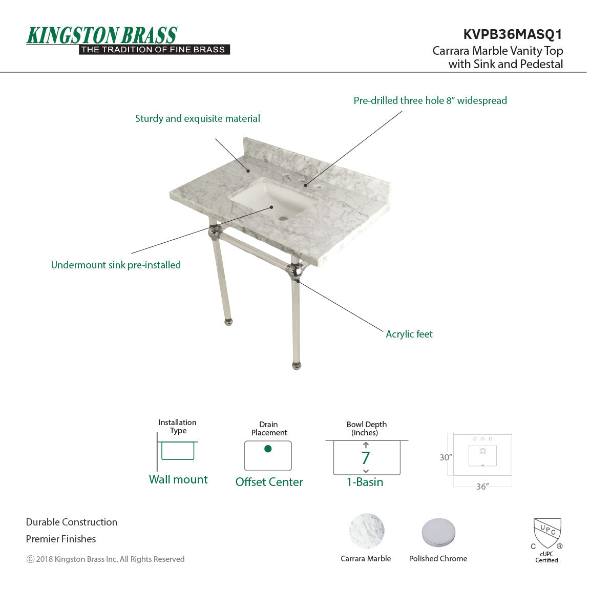 Fauceture KVPB36MASQ1 36-Inch Marble Console Sink with Acrylic Feet, Carrara Marble/Polished Chrome