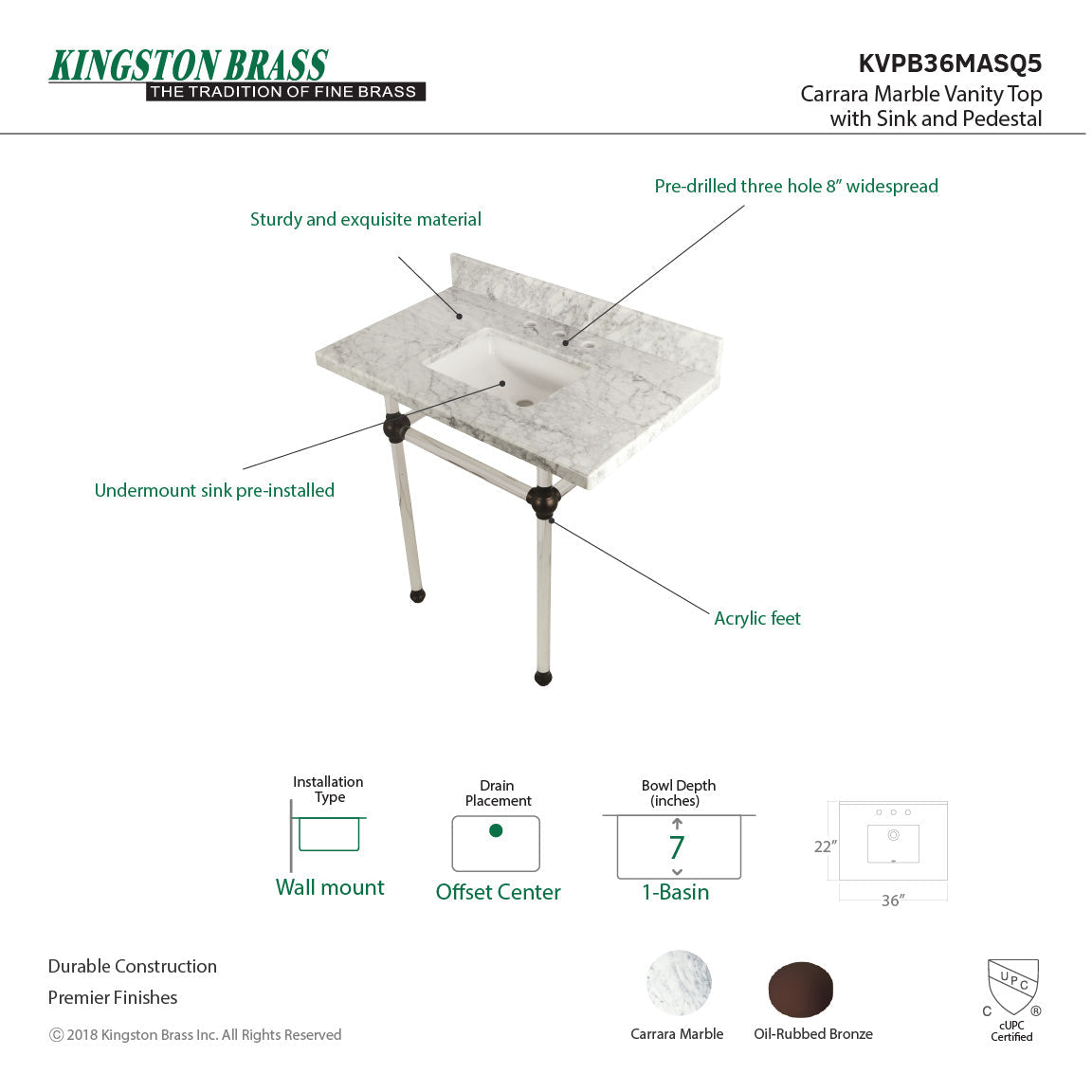 Fauceture KVPB36MASQ5 36-Inch Marble Console Sink with Acrylic Feet, Carrara Marble/Oil Rubbed Bronze