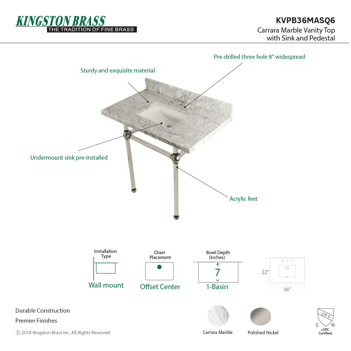 Fauceture KVPB36MASQ6 36-Inch Marble Console Sink with Acrylic Feet, Carrara Marble/Polished Nickel