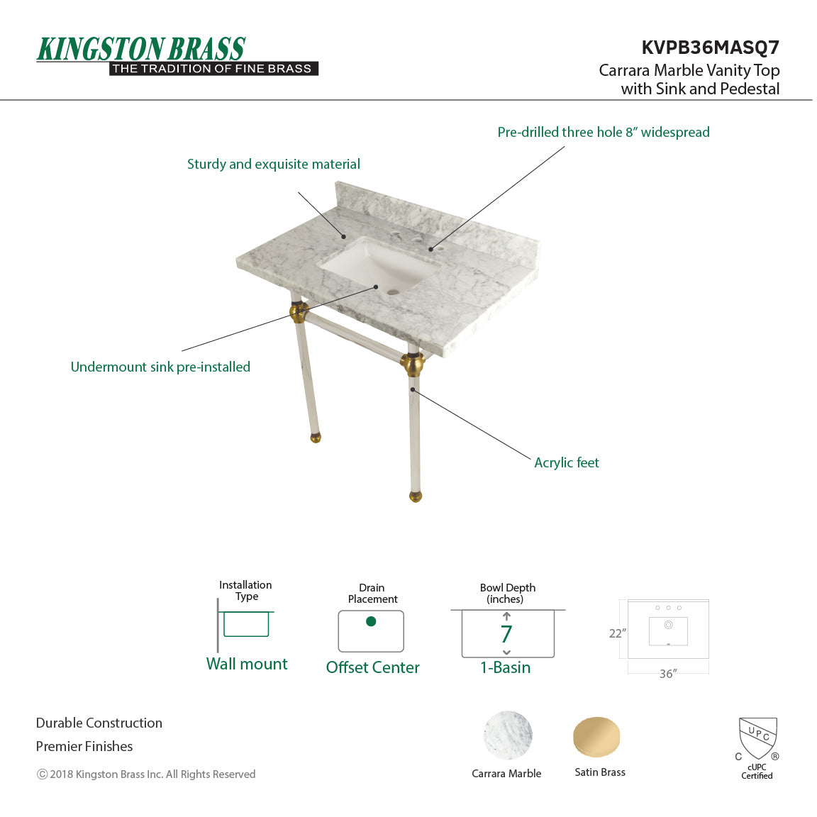 Fauceture KVPB36MASQ7 36-Inch Marble Console Sink with Acrylic Feet, Carrara Marble/Brushed Brass