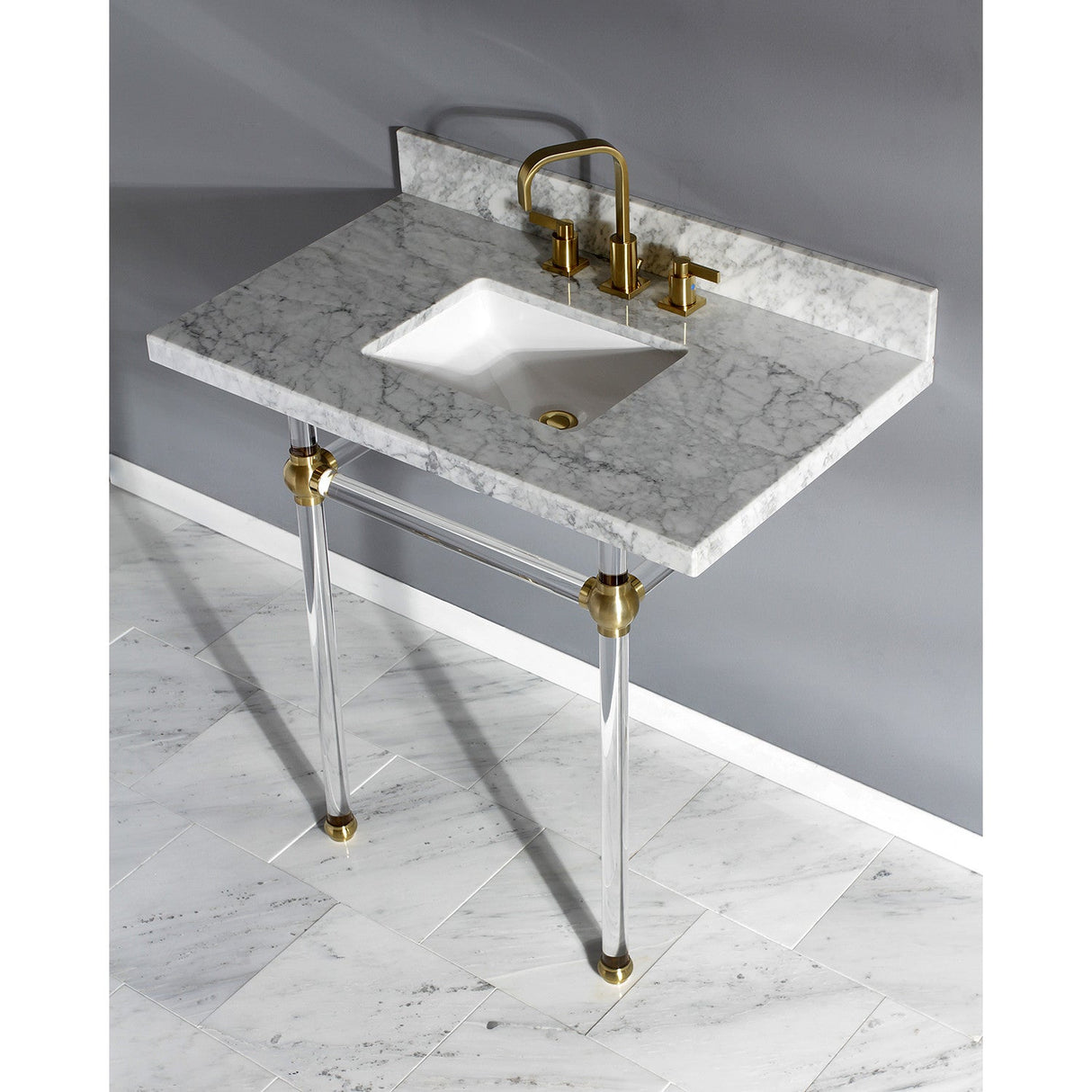 Fauceture KVPB36MASQ7 36-Inch Marble Console Sink with Acrylic Feet, Carrara Marble/Brushed Brass