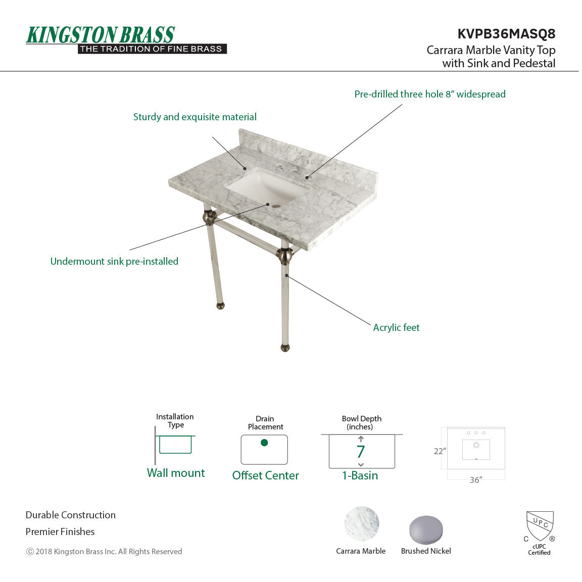 Fauceture KVPB36MASQ8 36-Inch Marble Console Sink with Acrylic Feet, Carrara Marble/Brushed Nickel